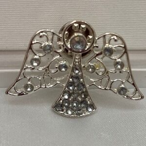 Silver Tone Angel Lapel Pin Brooch with Rhinestones crystal white filigree